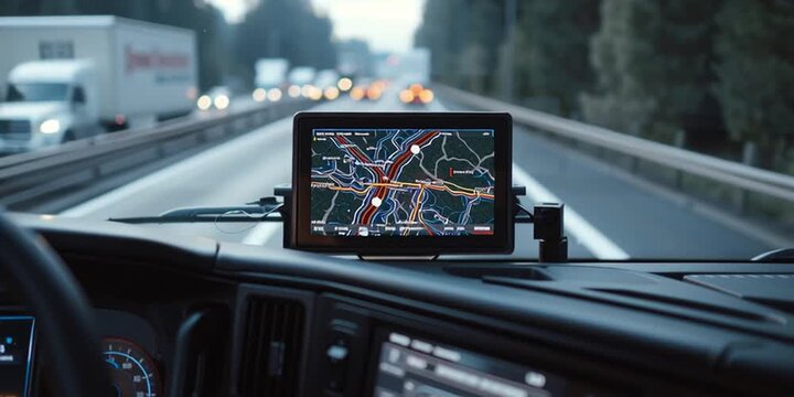 IoT logistics solutions Truck dashboard IoT screen updating route in real-time Camera over-the-shoulder Motion GPS map animation