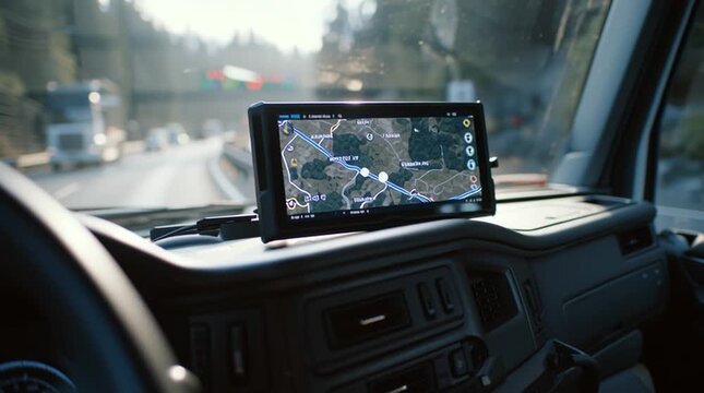 IoT logistics solutions Truck dashboard IoT screen updating route in real-time Camera over-the-shoulder Motion GPS map animation