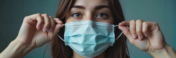 Young woman tying a surgical mask indoors with focused expression  