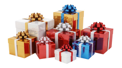 Obraz premium A generous pile of beautifully wrapped gift boxes with colorful ribbons and bows isolated on transparent background