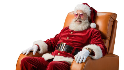 Santa claus wearing his traditional red suit and hat relaxing comfortably in a plush orange armchair isolated on transparent background