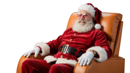 Santa claus wearing his traditional red suit and hat relaxing comfortably in a plush orange armchair isolated on transparent background