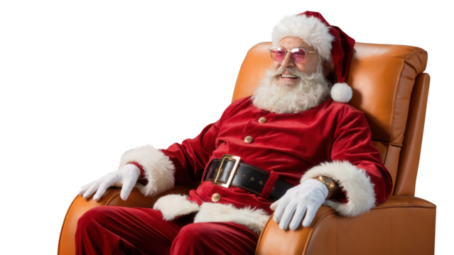 Santa claus wearing his traditional red suit and hat relaxing comfortably in a plush orange armchair isolated on transparent background