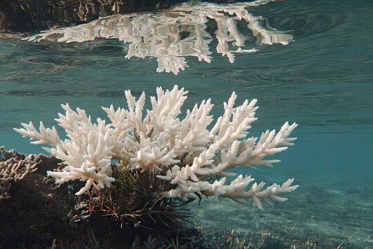 Bleached coral reflects in clear water, underwater seascape