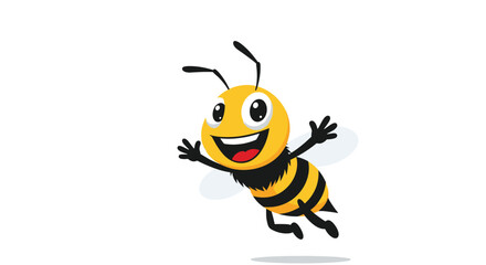 Fototapeta premium A cheerful cartoon bee with wide eyes and an open mouth is flying happily in the air against a white background.