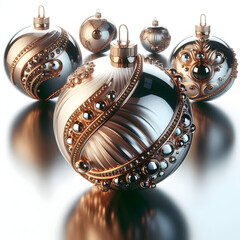 Shiny silver Christmas balls and gold ornaments adorn a festive holiday decoration scene