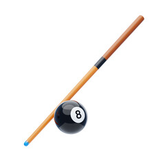 Wooden Cue Stick Resting on a Black Eight Ball Pool Ball on a Transparent Background Ready for a Game of Billiards Sports