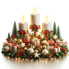 Golden flame of the Christmas candle illuminates the festive red and green winter holiday decoration