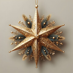A beautiful golden Christmas star ornament brightly shines on a black background, a perfect holiday decoration for your tree