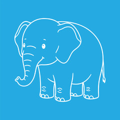 Fototapeta premium Simple elephant line drawing in a minimalist style. Cute and happy cartoon wildlife character for kids' educational materials or a simple zoo logo. White vector outline on a blue background.
