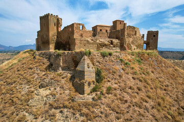 Montearagon castle on sunny summer day. Quicena, Huesca, Spain.