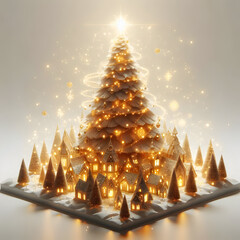 Golden Christmas tree illustration with golden lights and star in the night for a winter holiday greeting card design