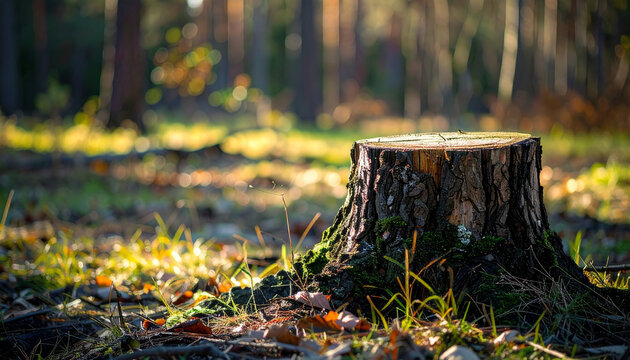 Old tree stump in forest clearing. Deforestation and environmental impact, natural textures