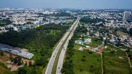 Arial shot of nice road near Banerghatta intersection in Bangalore, India