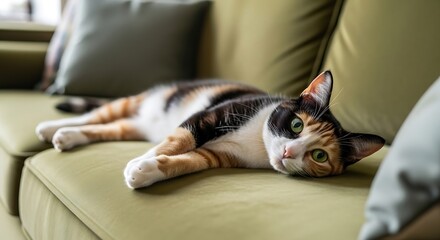 Calico Cat Relaxing Comfortably on a Green Sofa.