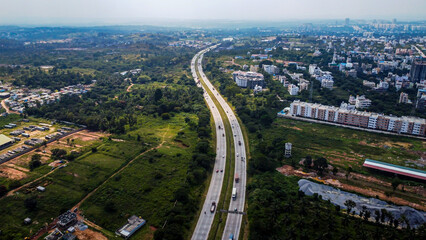 Ariel Shot of beautiful Bangalore City in India	with nice road passingby