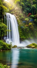 Beautiful cascade of water flowing over green rocks in a wild Thai forest landscape