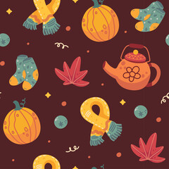 Whimsical Pixel Art Autumn Pattern Featuring Pumpkins Scarves Socks and Teapot on a Deep Maroon Background