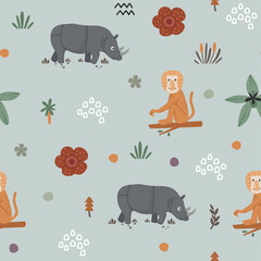 Whimsical Pixel Art Pattern Featuring Rhinos and Monkeys Amidst Tropical Flora on a Soft Blue Background