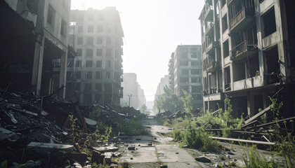 Post-apocalyptic cityscape with ruined, abandoned buildings, desolate street, broken structures