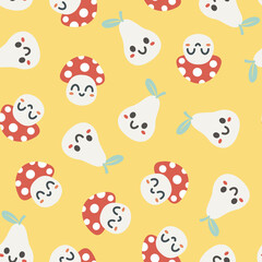Whimsical Hand Drawn Cute Pear and Mushroom Characters with Happy Faces Seamless Pattern on Yellow Background