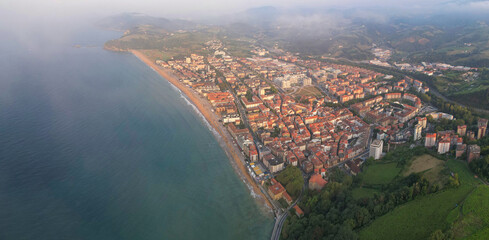 Panoramic aerial view of Zarautz town on summer sunset. Gipuzkoa, Basque Country, Spain.