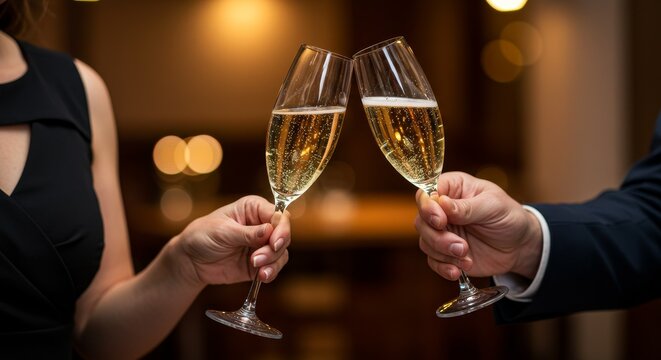 Champagne cheers at a chic evening event — couple in formal attire clinking sparkling wine glasses, warm ambient light and shallow depth for upscale celebration visuals