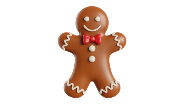 A smiling gingerbread man cookie with white icing details and a red bow tie isolated on transparent background
