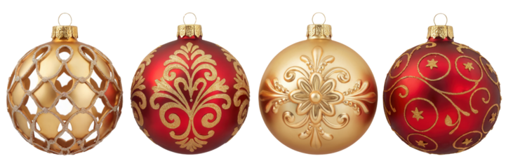 Four oval shaped ornate christmas tree ornaments in red and gold with intricate patterns isolated on transparent background