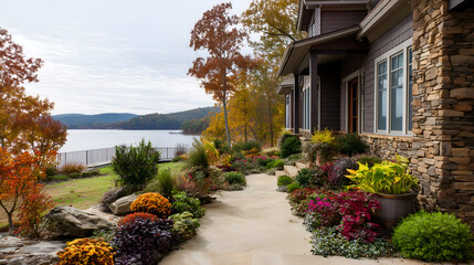 Scenic lakeside home with autumn foliage, lush gardens, and a stone facade, offering a peaceful and picturesque setting.