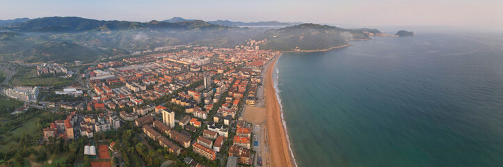 Panoramic aerial view of Zarautz town on summer sunrise. Gipuzkoa, Basque Country, Spain.