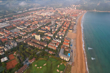 Aerial view of Zarautz town on summer sunrise. Gipuzkoa, Basque Country, Spain.