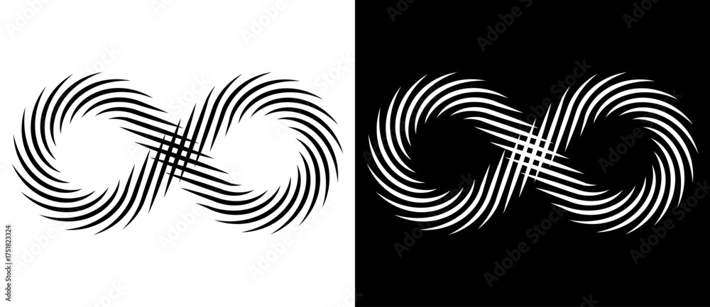 Wall mural spiral with lines as abstract infinity symbol. black shape on a white background and the same white 