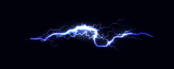 Naklejka na ściany i meble Blue realistic lightning arc splits darkness, thunderbolt high voltage pulse, tense energy in neon glow for electricity, power energy, storm, renewable technology, battery tech, EV. Vector graphic