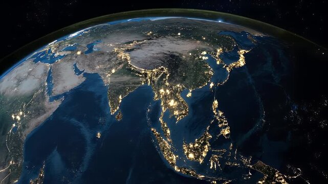 A nighttime view of Earth focusing on Asia with bright city lights, stars in the sky