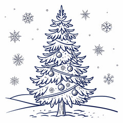 A charming hand drawn outline illustration of a decorated christmas tree with ornaments and falling snowflakes in a winter landscape