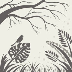 A silhouette of a small bird perched on a large leaf in a stylized forest scene with bare tree branches and grass
