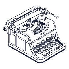 A vintage black and white line art illustration of an isometric view of a classic portable typewriter with many keys and a roller for paper