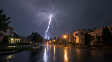 A dramatic display of nature's power as lightning illuminates a quiet residential street during a thunderstorm.