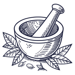 A vintage style hand drawn illustration of a mortar and pestle with fresh herbs and spices surrounded by green leaves and seeds on a white background