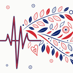 Abstract electrocardiogram heartbeat line transforms into a vibrant red and blue floral branch with leaves and decorative elements on a white background