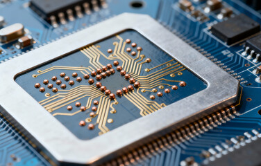 Close-up of a central processing unit (CPU) on a circuit board, showcasing digital technology