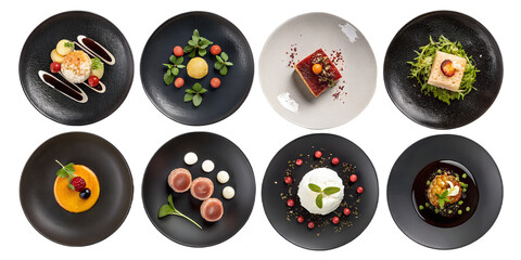 Molecular Cuisine Gourmet Dishes PNG Set – Top View, Isolated on Transparent Background