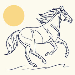 Elegant outline drawing of a majestic horse in full stride with a flowing mane and tail against a minimalist backdrop featuring a soft yellow sun or moon
