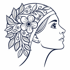 Elegant profile of a woman adorned with a floral headdress featuring delicate flowers and leaves rendered in a clean artistic line art style on a white background symbolizing beauty and nature