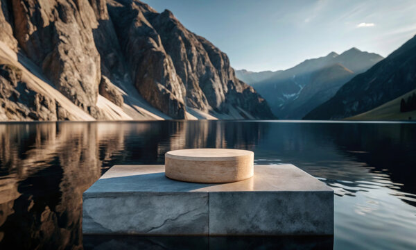 A lake surface with a stone podium surrounded by mountain peaks