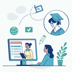 Online education concept illustration showing a student learning remotely via a computer screen with a graduation cap and globe symbols representing global access to knowledge and academic achievement