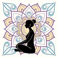 Serene silhouette of a woman in meditation pose against a vibrant mandala pattern symbolizing inner peace and spiritual harmony