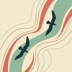 Two dark blue bird silhouettes gracefully soaring across a soft cream background with flowing abstract wavy lines in muted green coral and brown