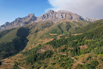Aerial view of Picos de Europa on sunny summer evening. Santa Marina de Valdeon, Leon, Spain.